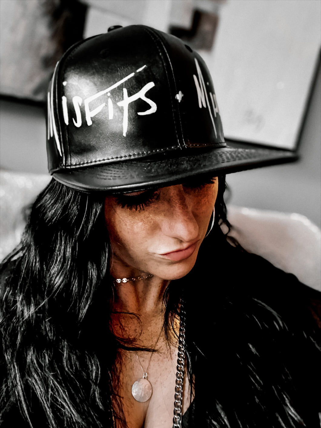 Misfits & Mischief Logo Hat Style 2: Front Painted Faux Leather Hat